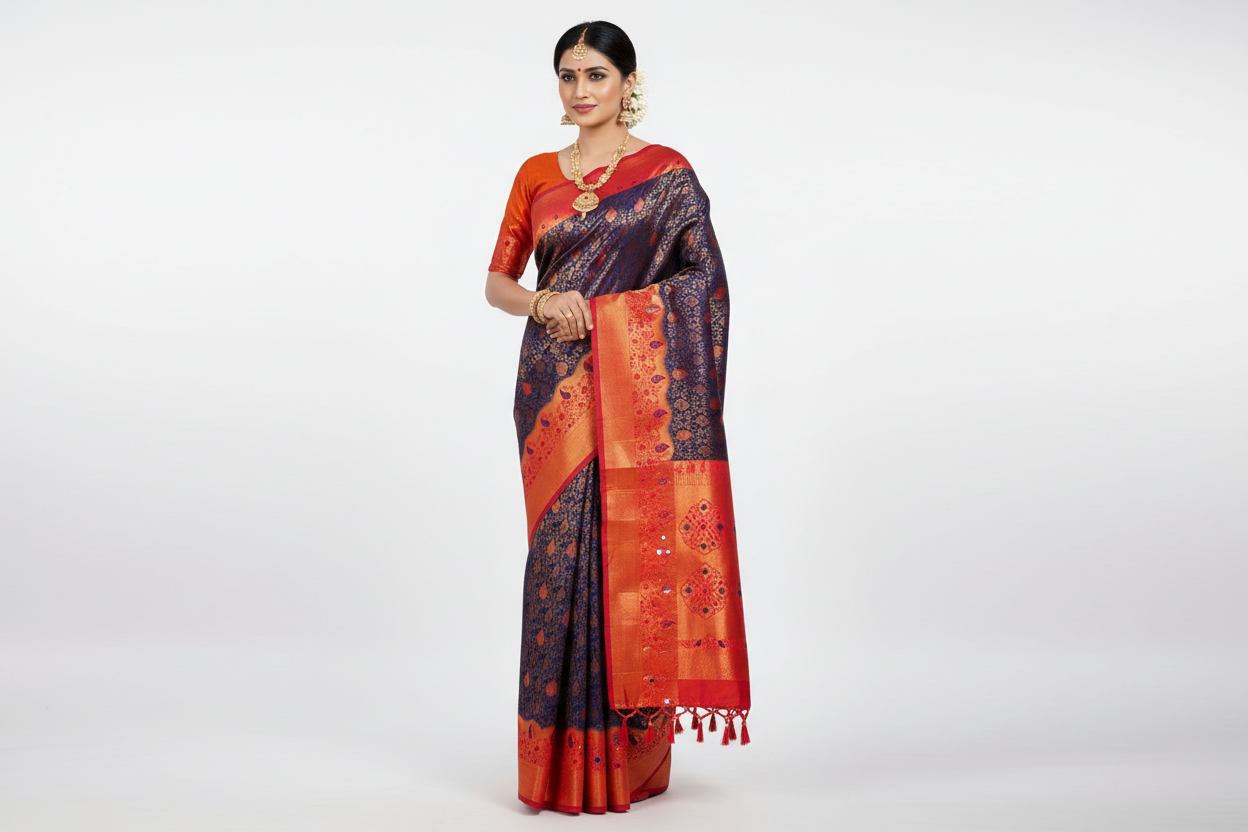 Navy Blue shade with Unstitched blouse in Aari work.