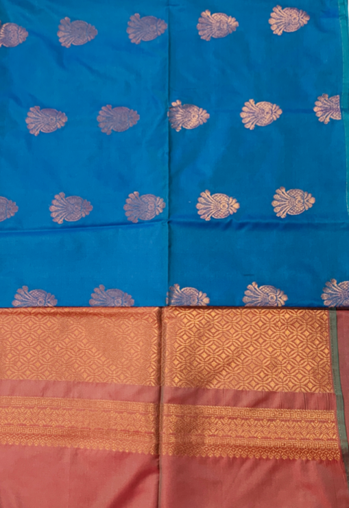 Soft Vegan Silk Saree Pepsi Blue Colour with Brown Pallu