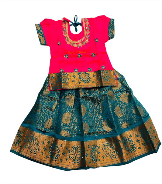 Ready To Wear Rama Green  Pavadai with contrast Baby Pink Blousey