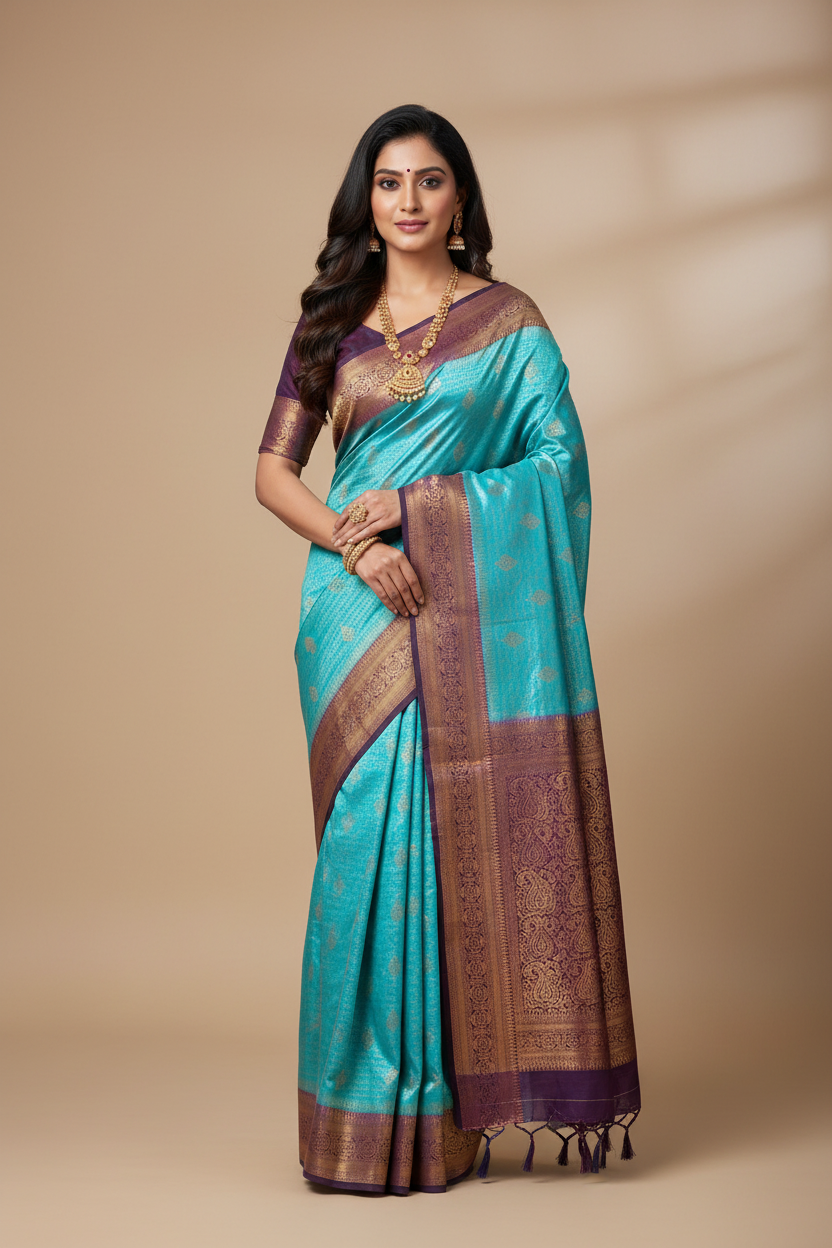 Sky Blue shade kuberra pattu with Navy Blue Pallu