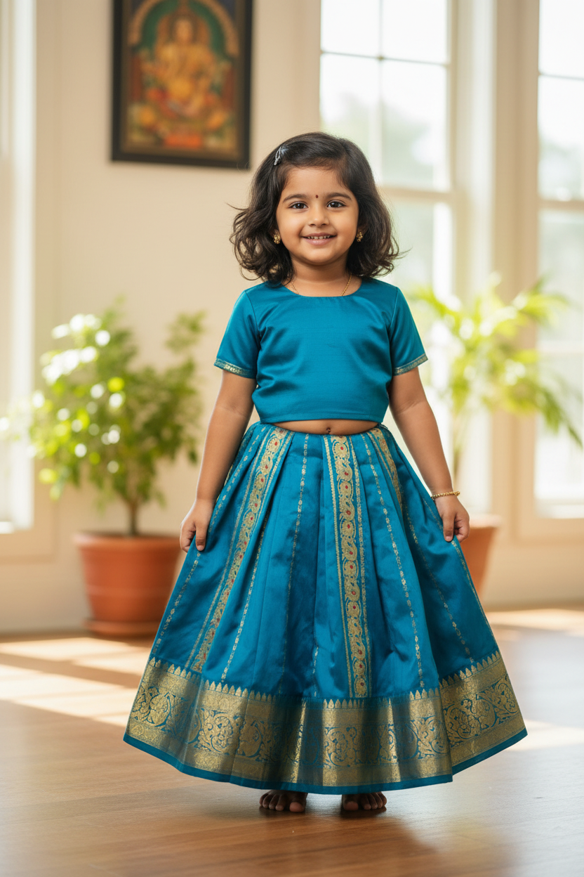 Sky Blue shade Semi silk Kids Pattu Pavadai with Contrast border for age above 10 years