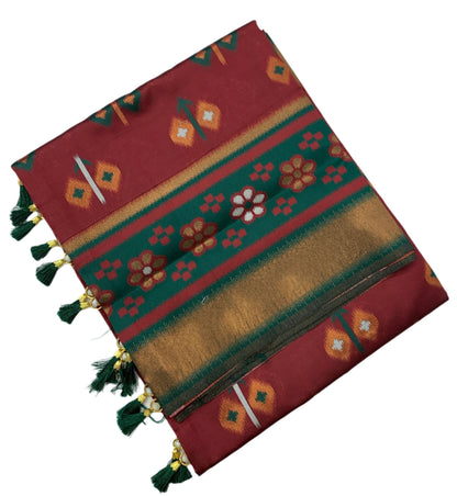 Pochampalli Semi Silk Saree Maroon Colour with Green Border