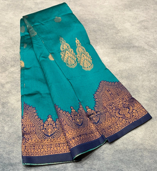 Peacock Green Colour Art Silk Saree with Blue Border
