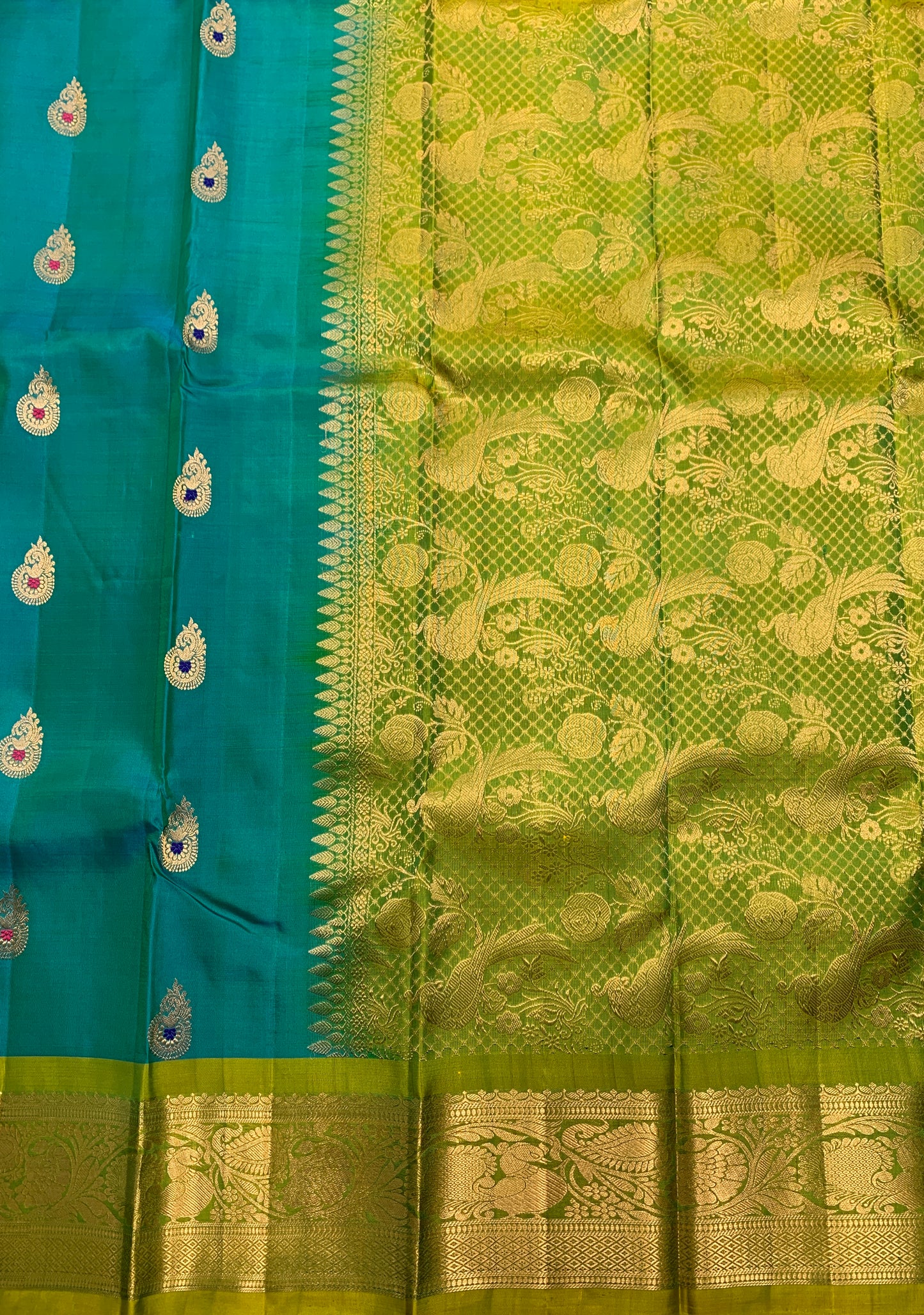 Pure Kanchipuram Silk Saree  Peacock Green Colour with Lime Green Colour Border