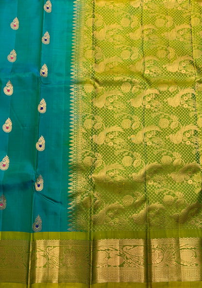 Pure Kanchipuram Silk Saree  Peacock Green Colour with Lime Green Colour Border