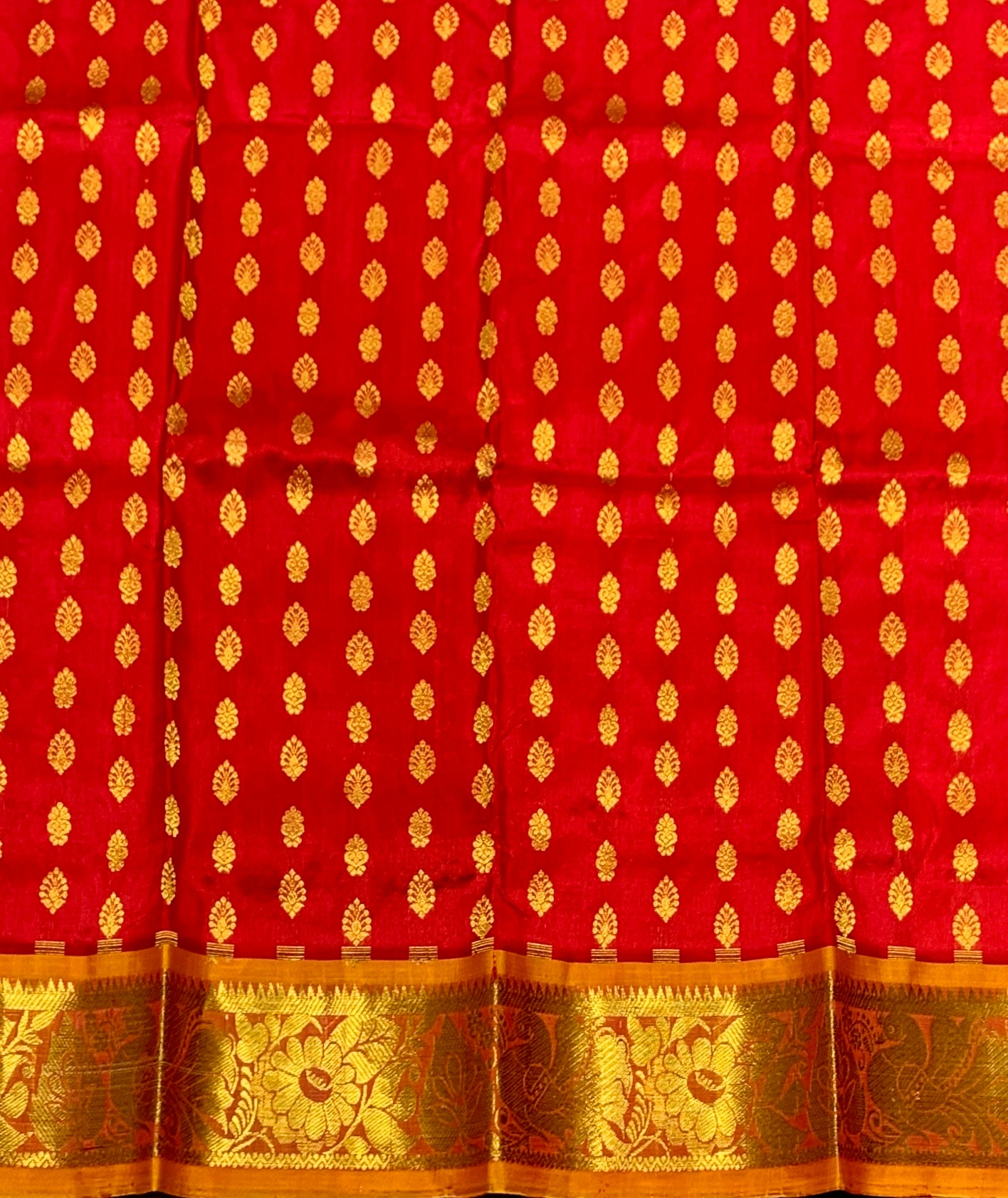 Red Shade Pure Kanchipuram Kids Pattu Pavadai with Contrast Border for Newborn to 2 Years