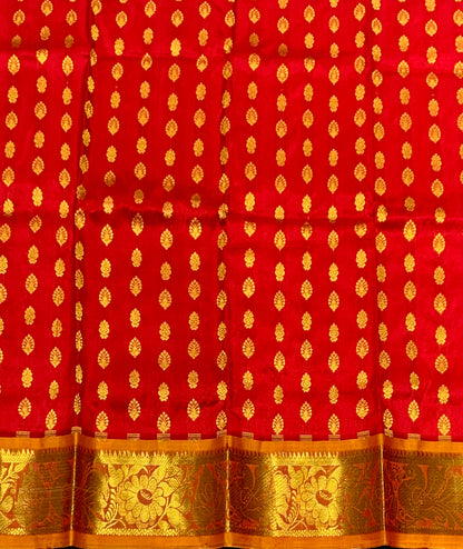 Red Shade Pure Kanchipuram Kids Pattu Pavadai with Contrast Border for Newborn to 2 Years