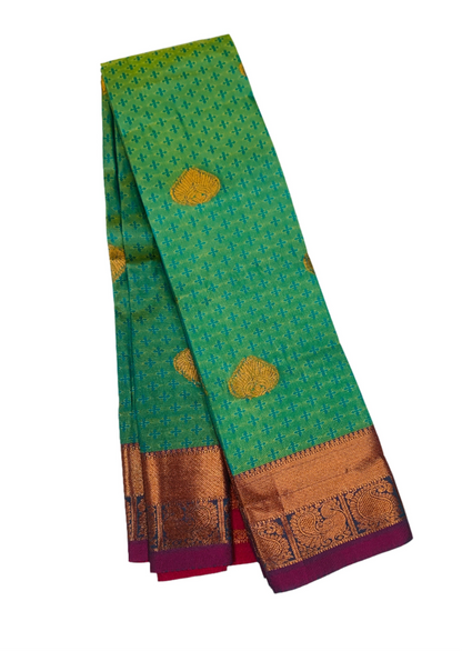 Rama Green Shade Silk Cotton Saree with Copper Zari Border and Floral Design