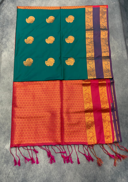 Soft Vegan Silk Saree Rama Green Colour with Rettai Pettu Border
