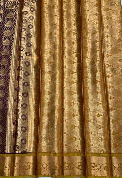 Vegan Silk Saree Brown Colour with Copper and Mustard Border