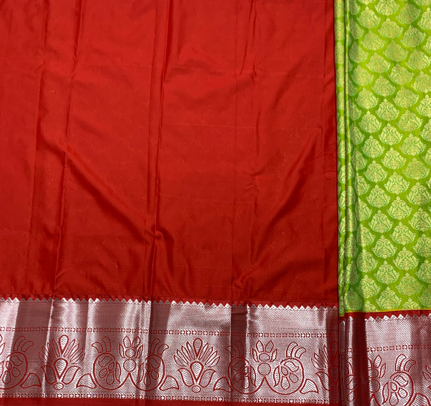 Lime Green Shade Vegan Silk Kids Pattu Pavadai with Contrast border for age 2 to 5