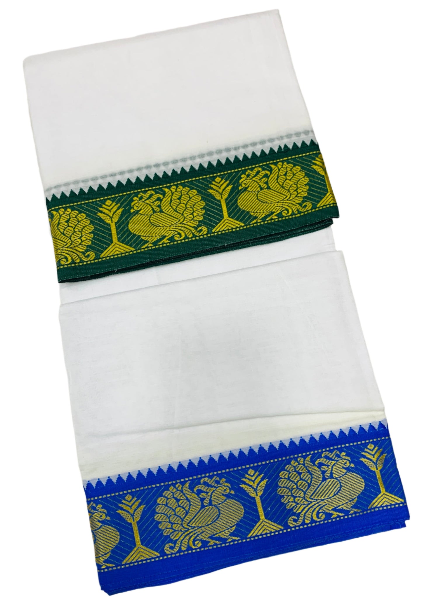 9X5 Cotton Dhoti White Colour with Green and Blue Border