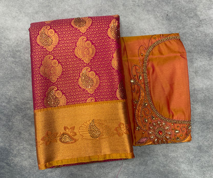 Bridal Vegan Silk Saree Pink shade with Golden Yellow Border with Unstitched blouse in Aari Work