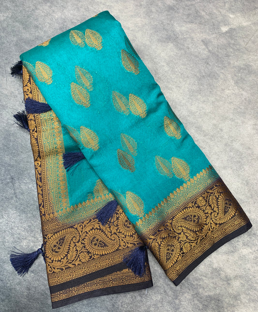 Crepe Saree Sky Blue Colour with Navy Blue Border