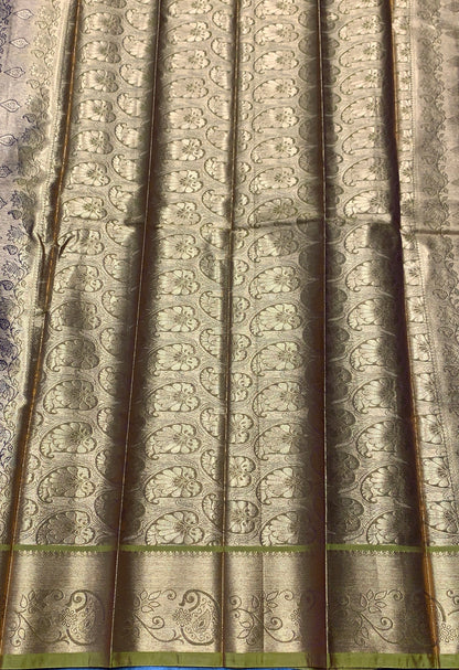 Vegan Silk Saree Brown Colour with Olive Green and Copper Border