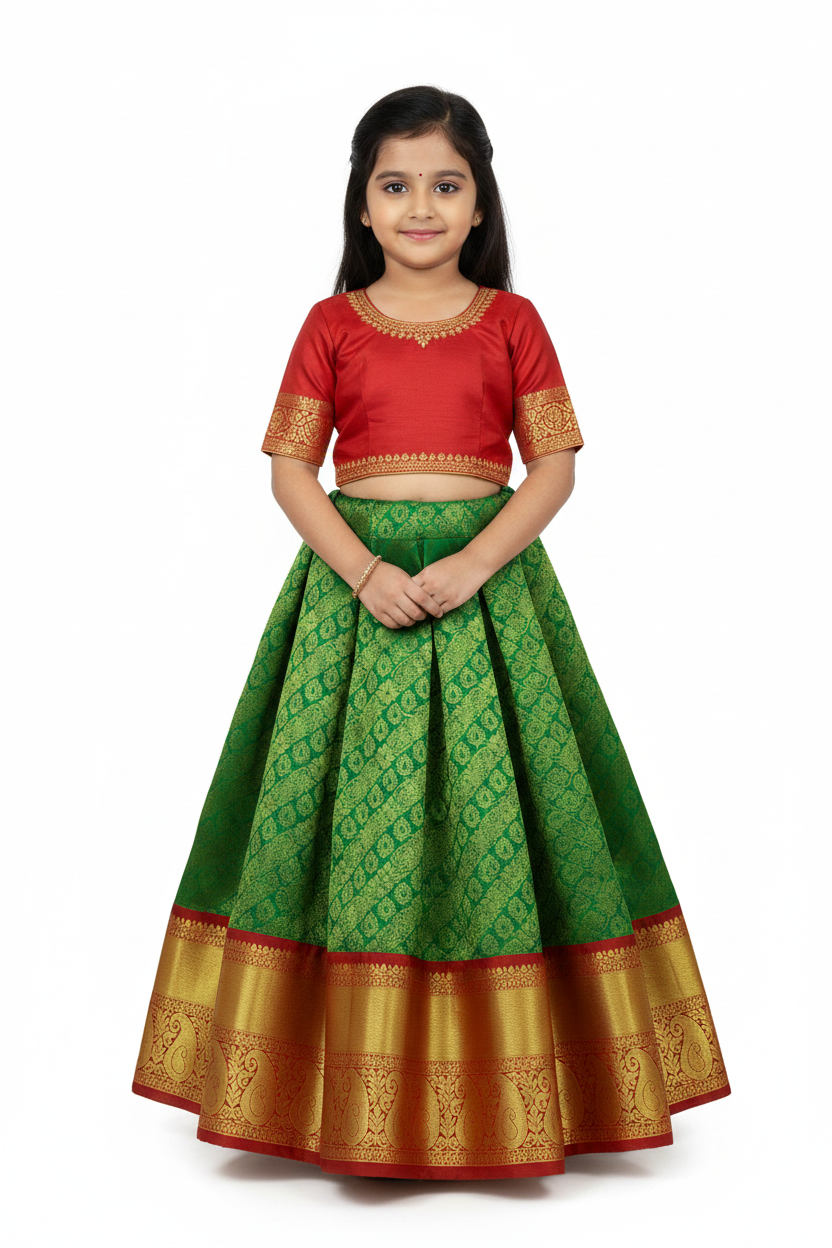 Light Green shade Vegan Silk Kids Pattu Pavadai with Contrast border for age above 10 years