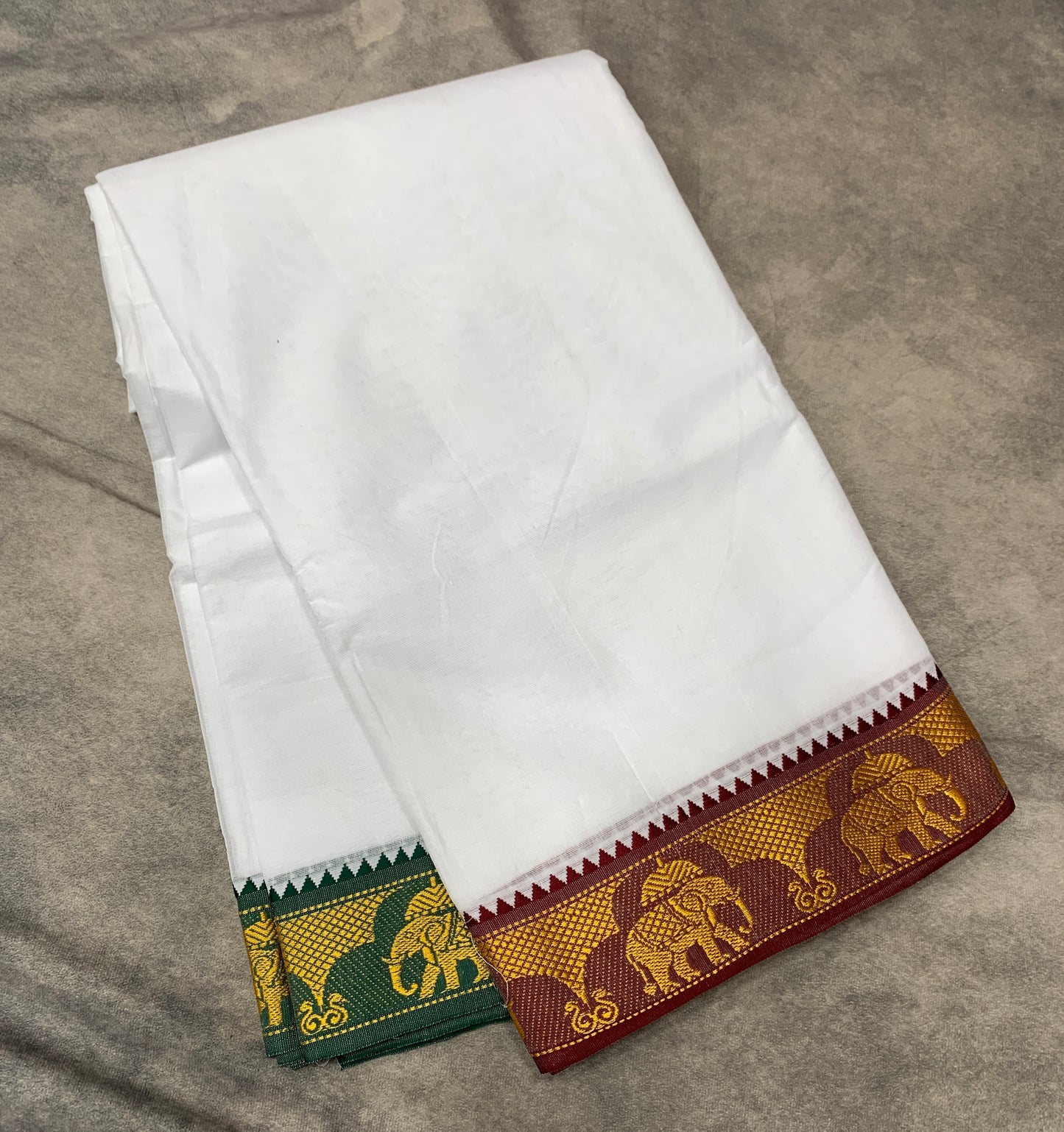 9X6 Cotton Dhoti White Colour with Maroon and Green Border with Angavastram