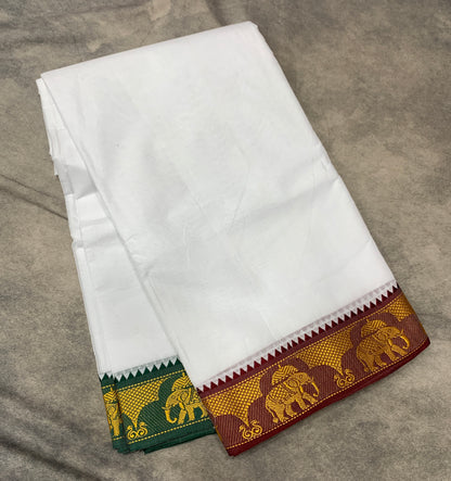 9X6 Cotton Dhoti White Colour with Maroon and Green Border with Angavastram