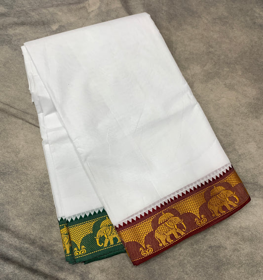 9X6 Cotton Dhoti White Colour with Maroon and Green Border with Angavastram