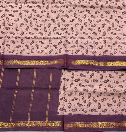 Chettinad Sungudi Cotton Onion Pink Colour with Brown Colour Border