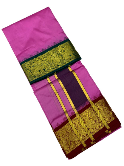 9X5 Pure Silk Dhoti Baby Pink Colour with Green and Maroon Ganga Jamuna Border