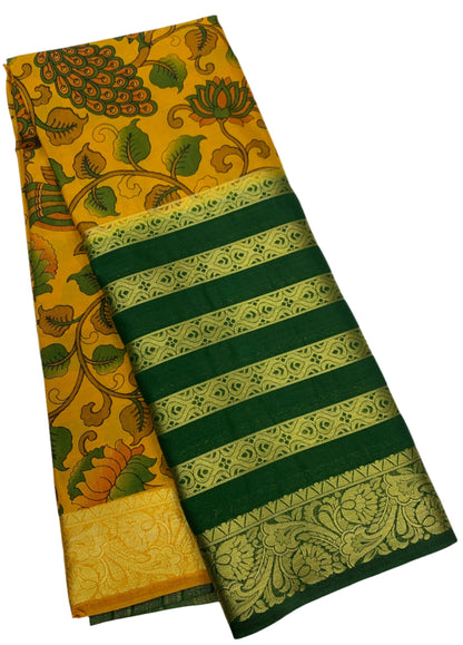 Crepe Saree Golden Yellow Colour with Big Green Border