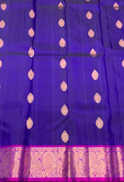 Pure Kanchipuram Silk Saree Blue Colour with Magenta Border