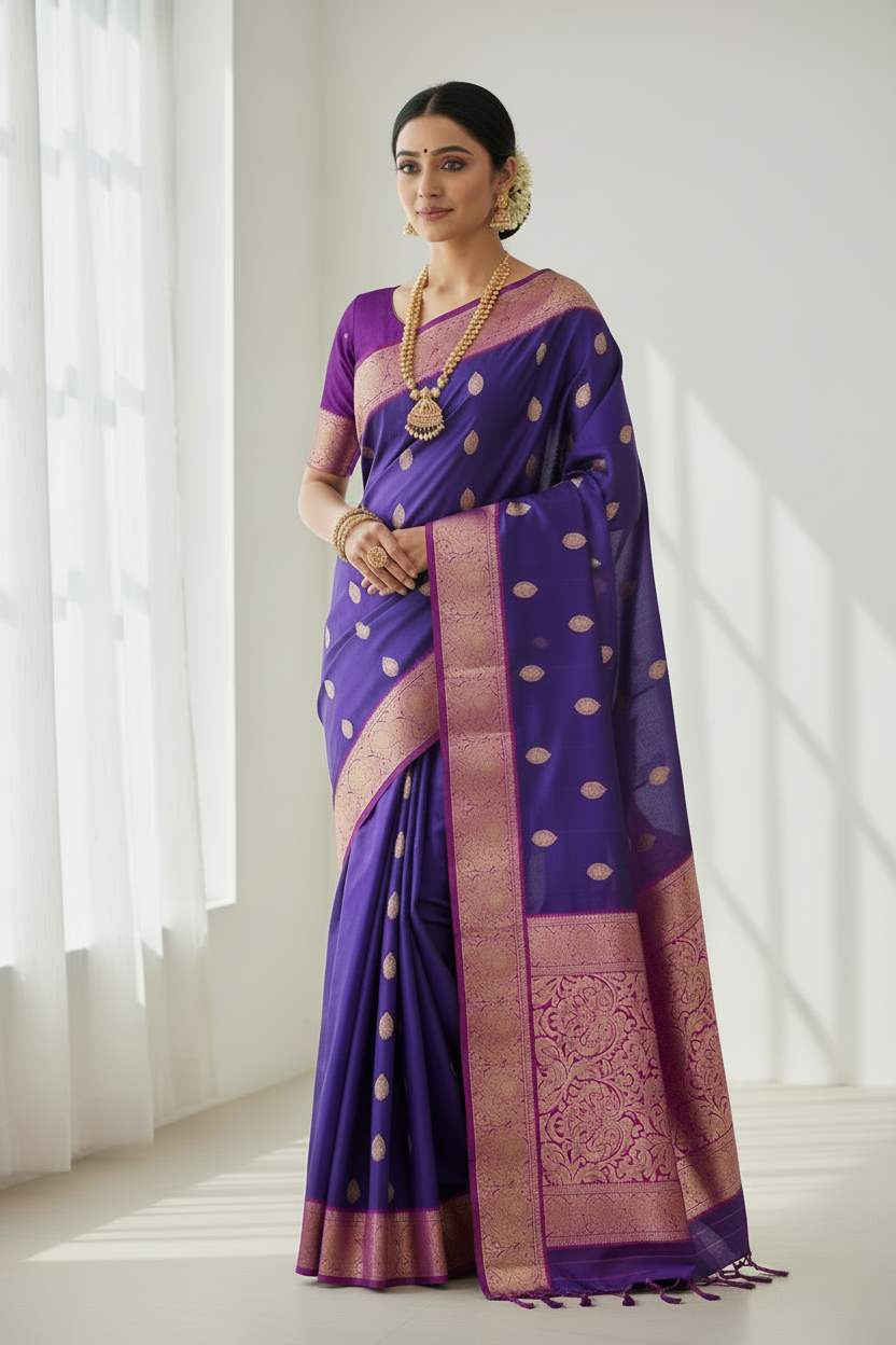 Pure Kanchipuram Silk Saree Blue Colour with Magenta Border