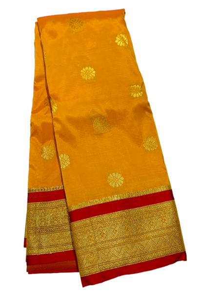 Mango Yellow shade saree with Golden and Red Border