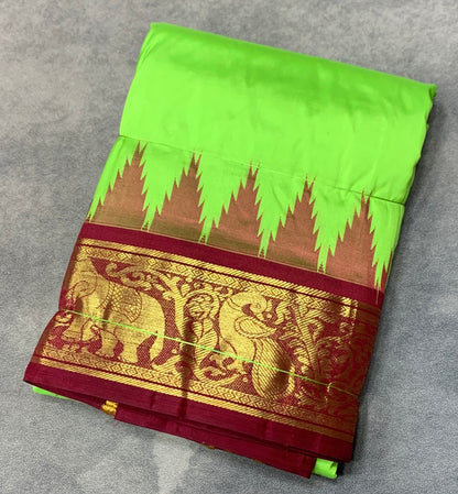 9X5 Pure Silk Dhoti Parrot Green Colour with Maroon and Pink Ganga Jamuna Border