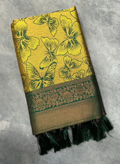 Art Silk Saree Yellow Colour with Butterfly Design