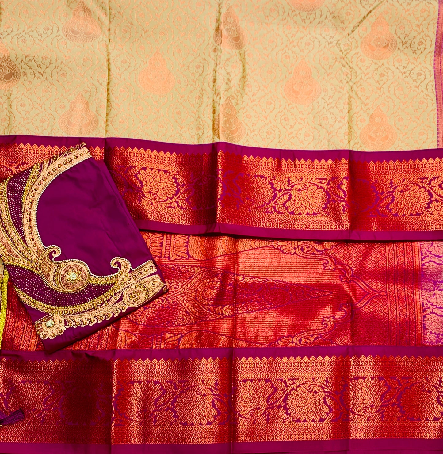 Bridal Vegan Silk Saree Tussar Colour with Copper Border with Unstitched blouse in Aari work