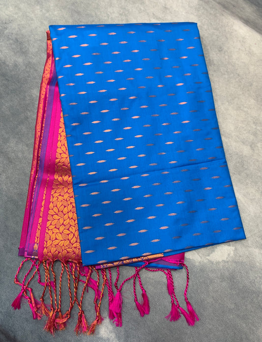 Soft Vegan Silk Saree Sky Blue Colour with Pink and Copper Border