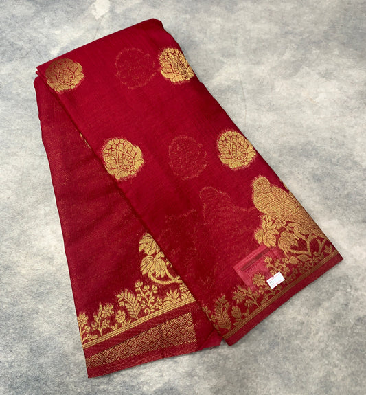 Kora Silk Saree Red Colour with Flower and Parrot Design Border