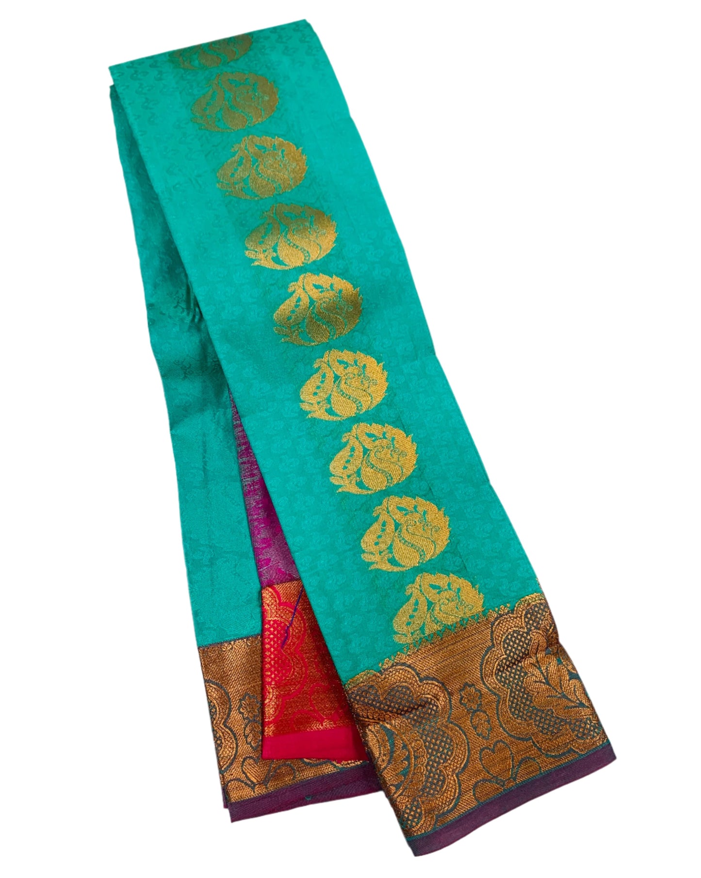 Vegan Silk Saree Rama Blue Colour with Copper and Pink Border