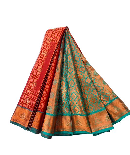 Vegan Silk Saree Maroon shade with Copper and Green Border