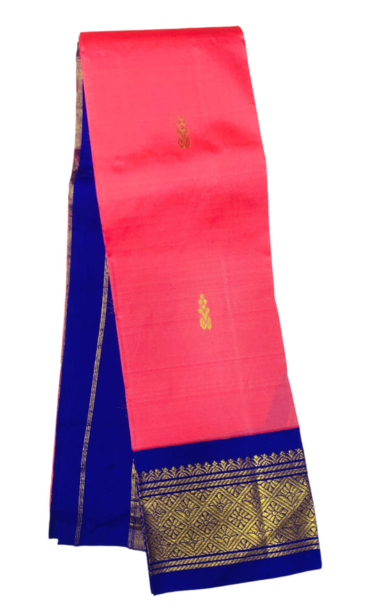 Pure Kanchipuram Silk Saree Salmon Pink Colour with Blue Border