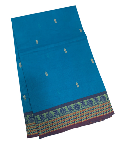 Chettinad Cotton Saree Blue Shade with Mango and Floral Design