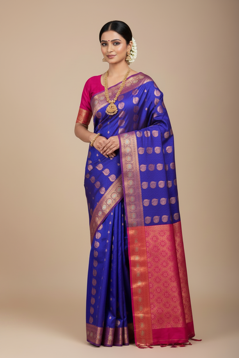Vegan Silk Saree Violet Colour Saree with Copper and Floral Design