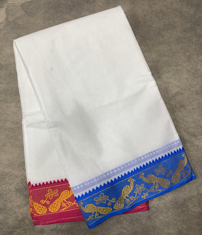 9X6 Cotton Dhoti White Colour with Blue and Pink Border with Angavastram