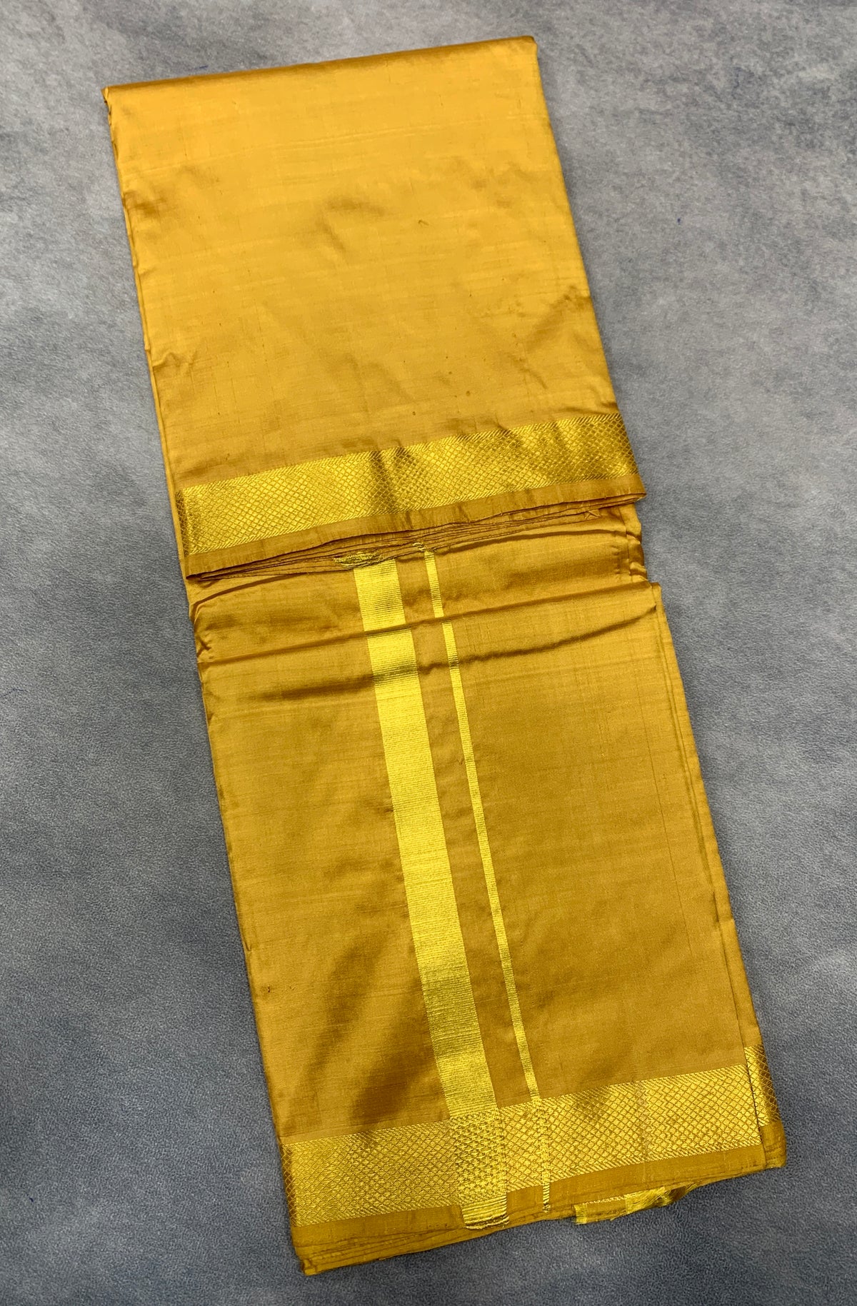 9X5 Pure Silk Dhoti Golden Mustard Colour with Small Golden Zari Border
