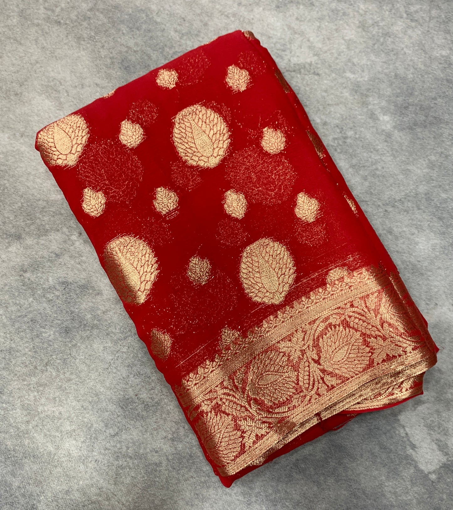 Georgette Saree Red Colour with Sliver Floral Design Border