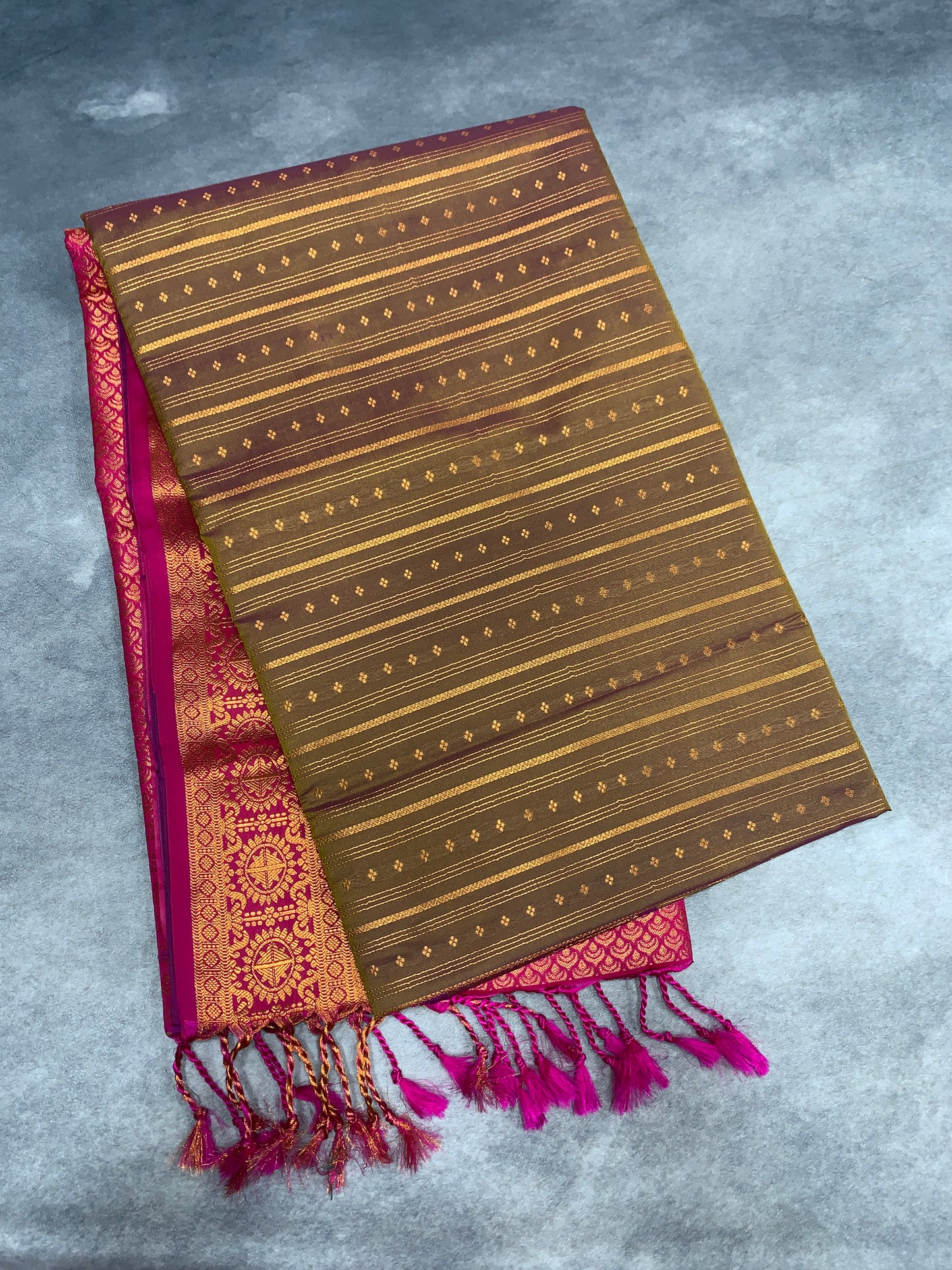 Soft Vegan Silk Saree Brown Colour with Pink and Copper Border