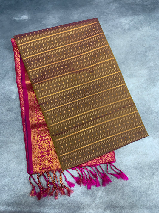 Soft Vegan Silk Saree Brown Colour with Pink and Copper Border