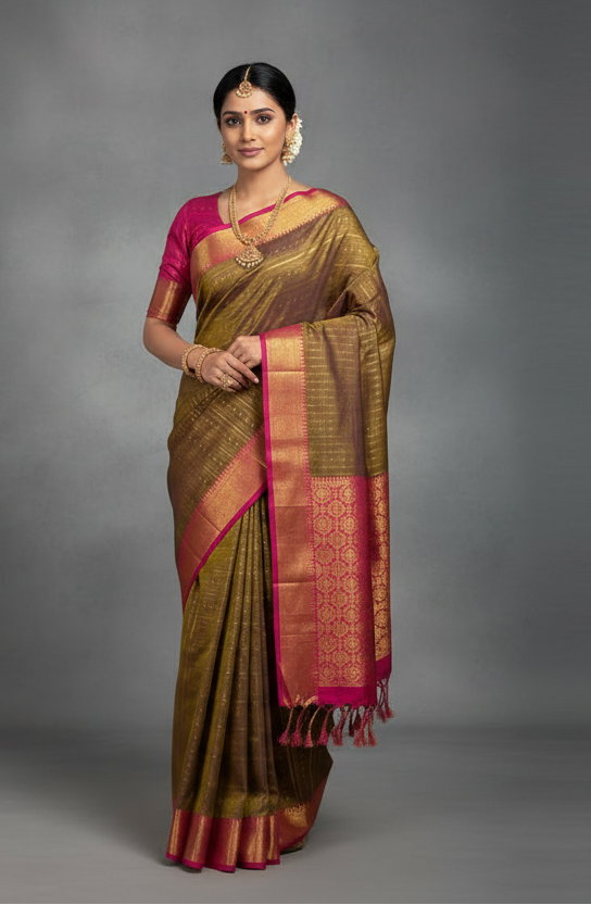 Soft Vegan Silk Saree Brown Colour with Pink and Copper Border