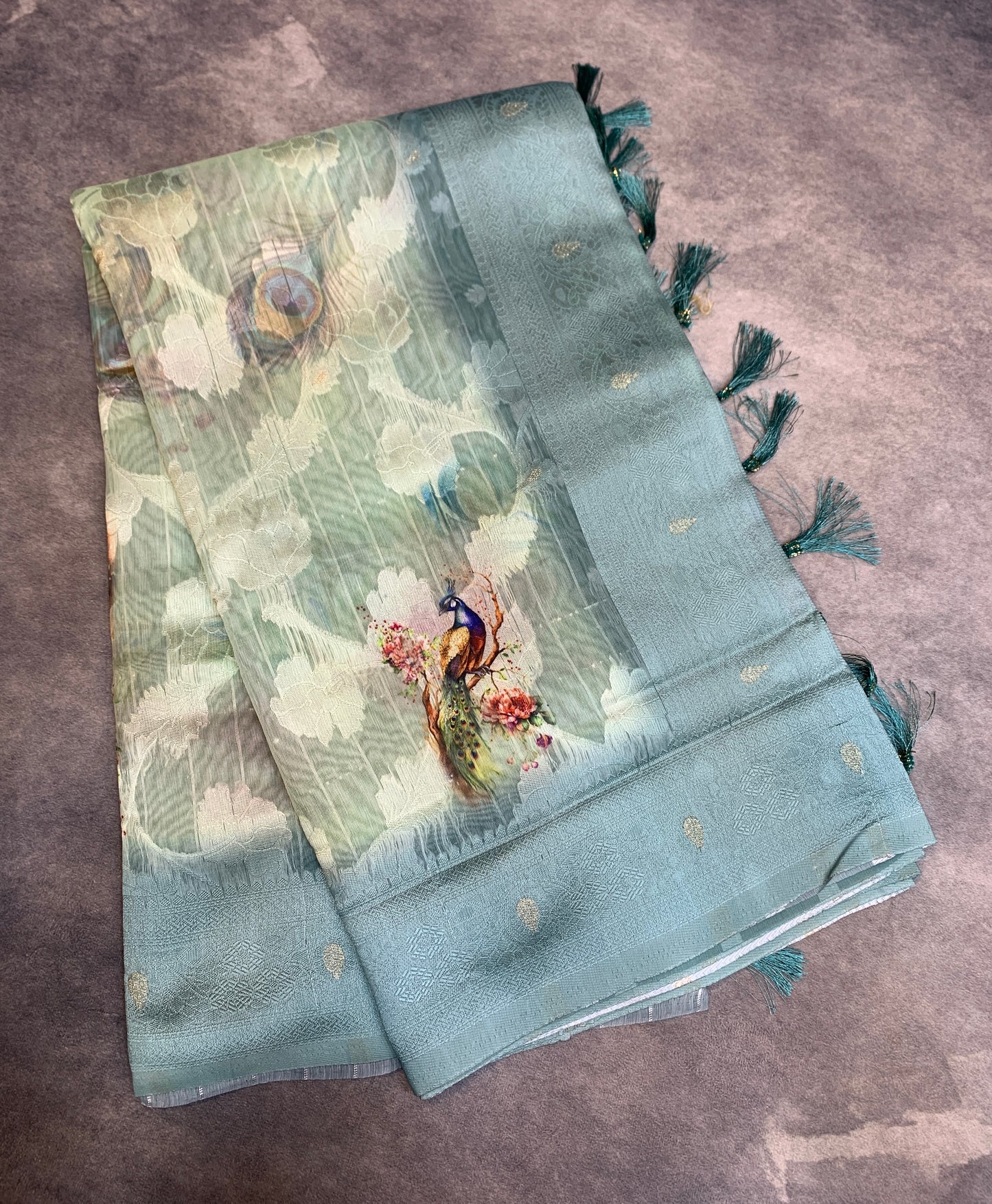 Digital Print Cotton Saree Gray Blue Colour with Floral and Birds Pattern