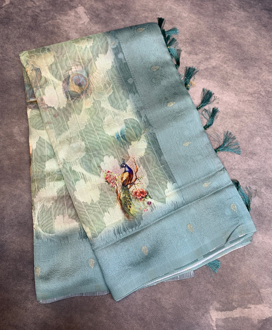 Digital Print Cotton Saree Gray Blue Colour with Floral and Birds Pattern