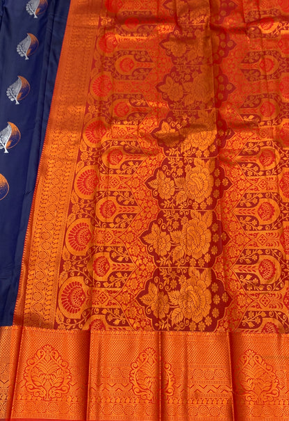 Soft Silk Casual Saree Navy Blue with Maroon Colour Border