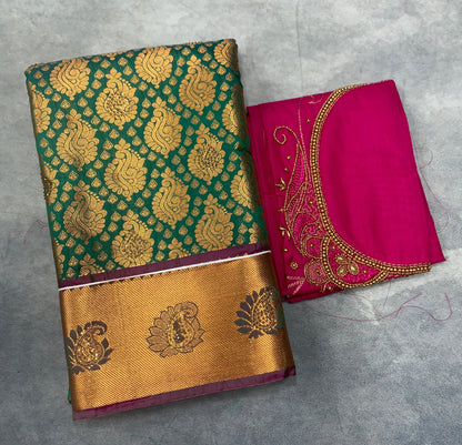 Bridal Vegan Silk Saree Green shade with Pink Border with Unstitched blouse in Aari Work