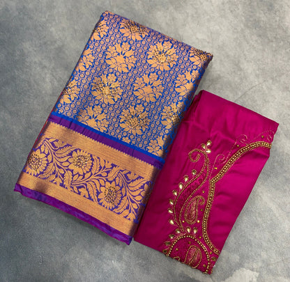 Bridal Vegan Silk Saree Blue Colour with Pink Border with Unstitched blouse in Aari Work